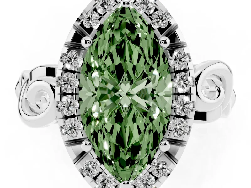 Fancy Green Marquise Cut Diamond Halo Ring Set in Platinum with Scrollwork Band and Prong Setting