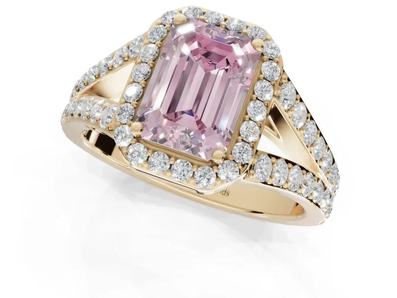 Emerald Cut Halo Pavé Engagement Ring Setting for a Fancy Pink Lab-Grown Diamond | Narrow Split Shank | Yellow Gold