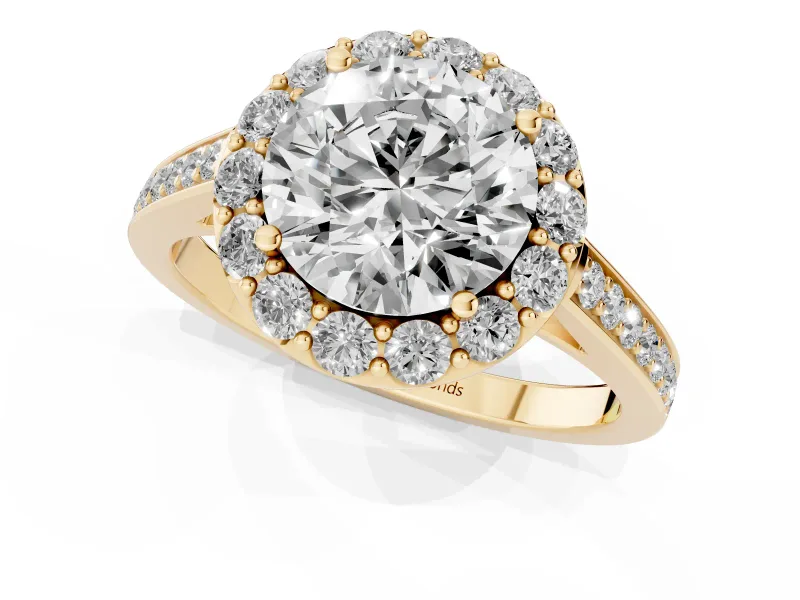 Round Cut Diamond Floral Halo Ring Set in Yellow gold with Pavé Band and Prong Setting