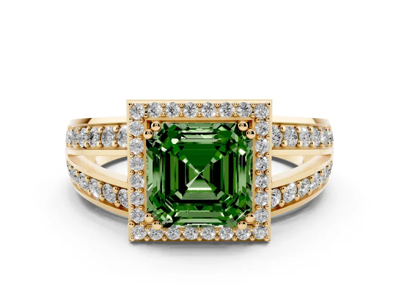 Fancy Green Asscher Cut Diamond Halo Ring Set in Yellow gold with Double Pavé Split Shank