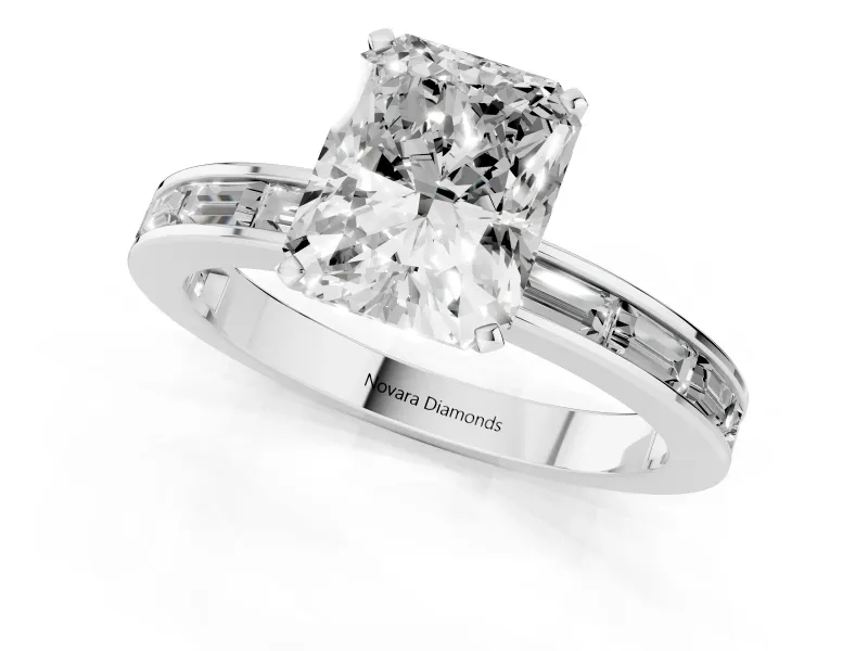Radiant Cut Diamond Solitaire Ring Set in Platinum with Channel-Set Baguette Band and Prong Setting