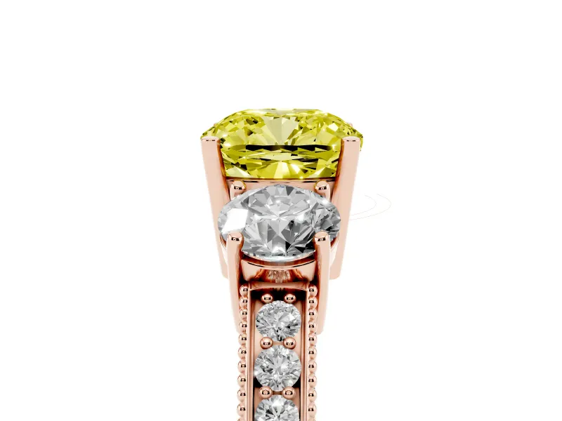 Cushion Cut Three Stone Engagement Ring Setting for a Fancy Yellow Lab-Grown Diamond | Graduated Pave Band | Rose Gold
