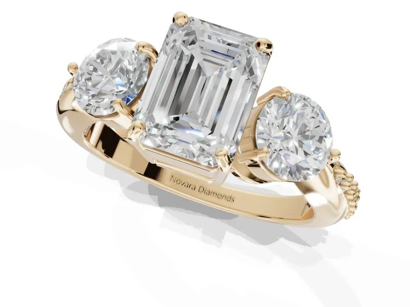 Emerald Cut Three Stone Engagement Ring Setting | Tapered Pave Band | Yellow Gold