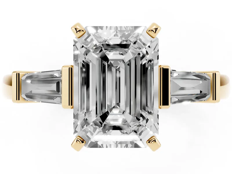Emerald Cut Three-Stone Engagement Ring Setting | Tapered Baguettes | Yellow Gold