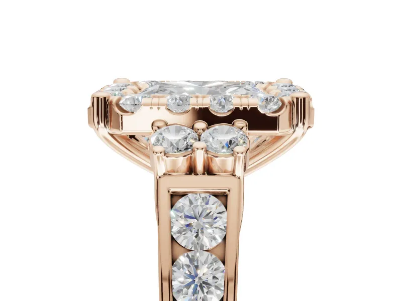 Radiant Cut Halo Side Cluster Engagement Ring Setting | Graduated Channel Band | Rose Gold