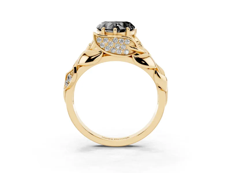 Heart-Shaped Leaf Bypass Engagement Ring Setting for a Black Center | Sculpted Leaves | Yellow Gold