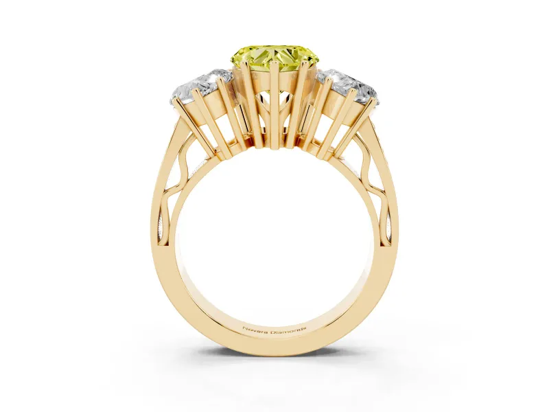 Heart-Shaped Three Stone Engagement Ring Setting for a Fancy Yellow Lab-Grown Diamond | Beaded Shoulders | Yellow Gold