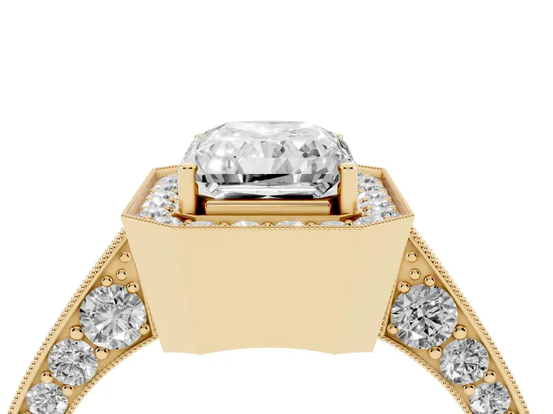 Radiant Cut Vintage Milgrain Halo Engagement Ring Setting | Side Stones and Pave | Yellow Gold
