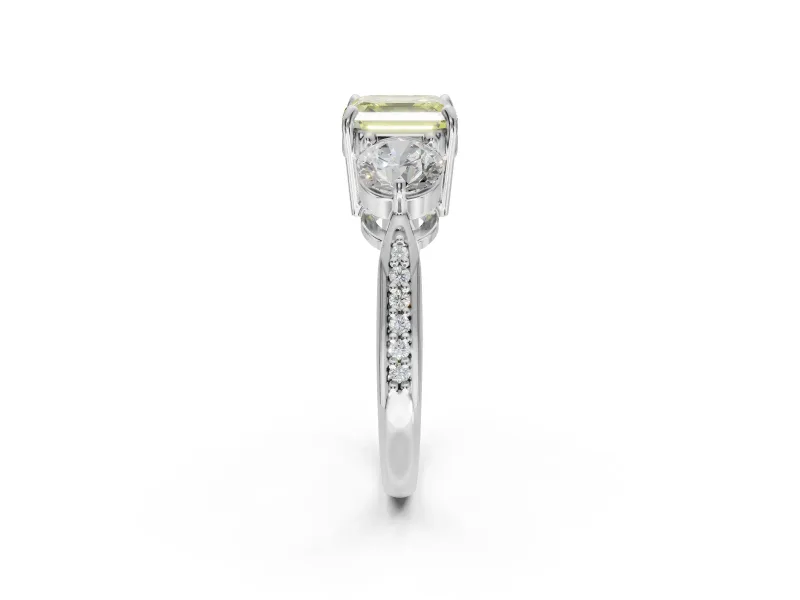 Asscher Cut Three Stone Engagement Ring Setting for a Fancy Yellow Lab-Grown Diamond | Tapered Pave Band | Platinum