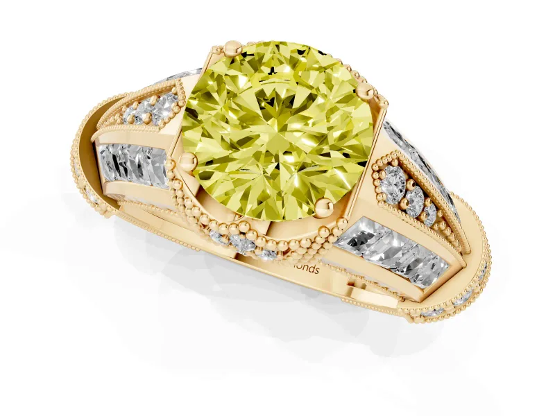 Fancy Yellow Round Cut Diamond Vintage-Inspired Milgrain Ring Set in Yellow gold with Accent Split Shank