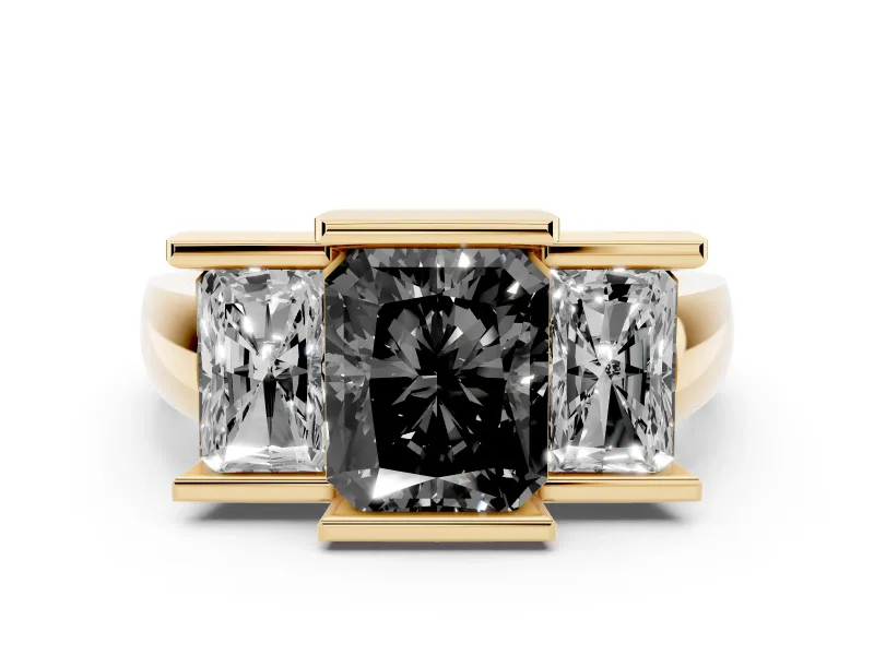 Fancy Black Radiant Cut Diamond Three-Stone Channel Set Ring Set in Yellow gold with Smooth Polished Band