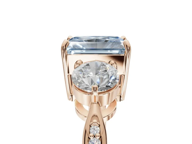 Radiant Cut Three Stone Engagement Ring Setting for a Fancy Blue Lab-Grown Diamond | Tapered Pave Band | Rose Gold