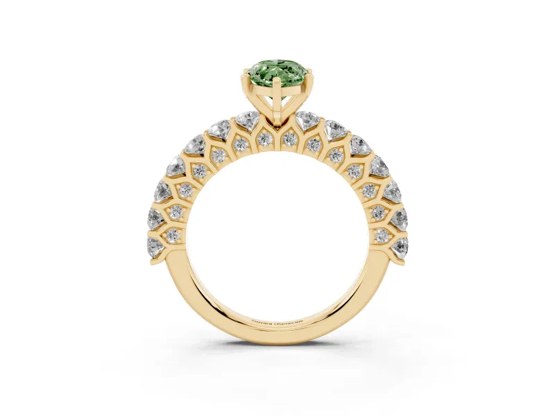 Fancy Green Marquise Cut Diamond Solitaire Ring Set in Yellow gold with Shared Prong Pavé Band