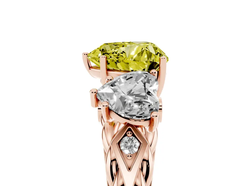 Heart-Shaped Three Stone Engagement Ring Setting for a Fancy Yellow Lab-Grown Diamond | Braided Band | Rose Gold