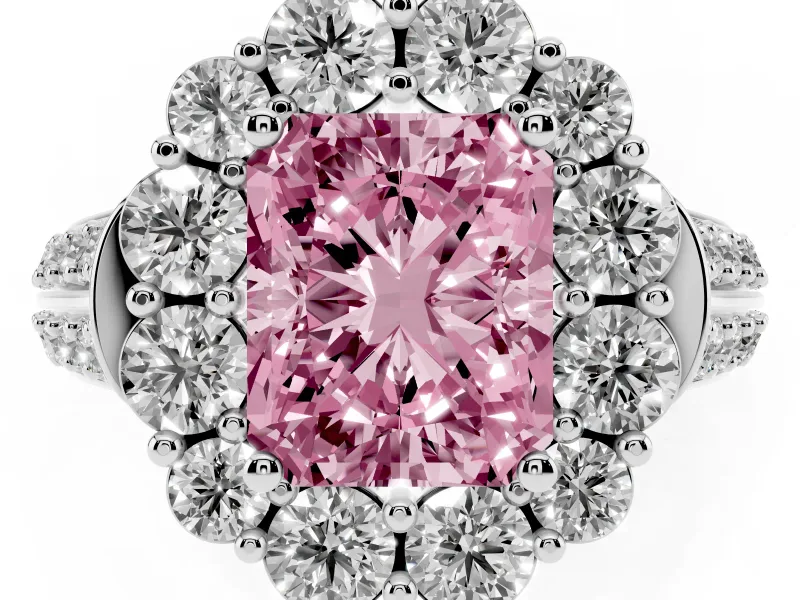 Fancy Pink Radiant Cut Diamond Halo Engagement Ring Set in White gold with Split Shank and Prong Setting