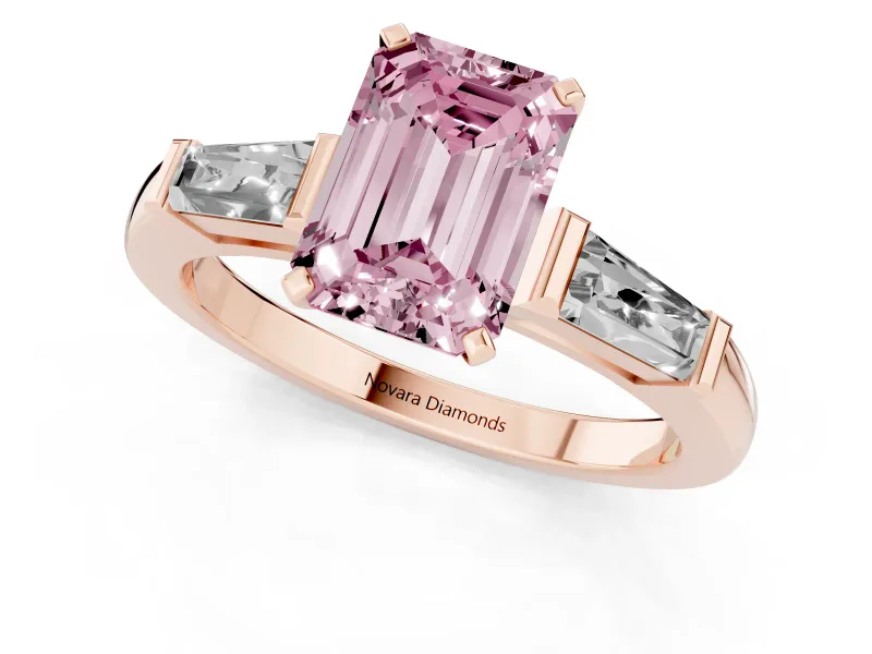 Emerald Cut Three Stone Engagement Ring Setting for a Fancy Pink Lab-Grown Diamond | Tapered Baguettes | Rose Gold