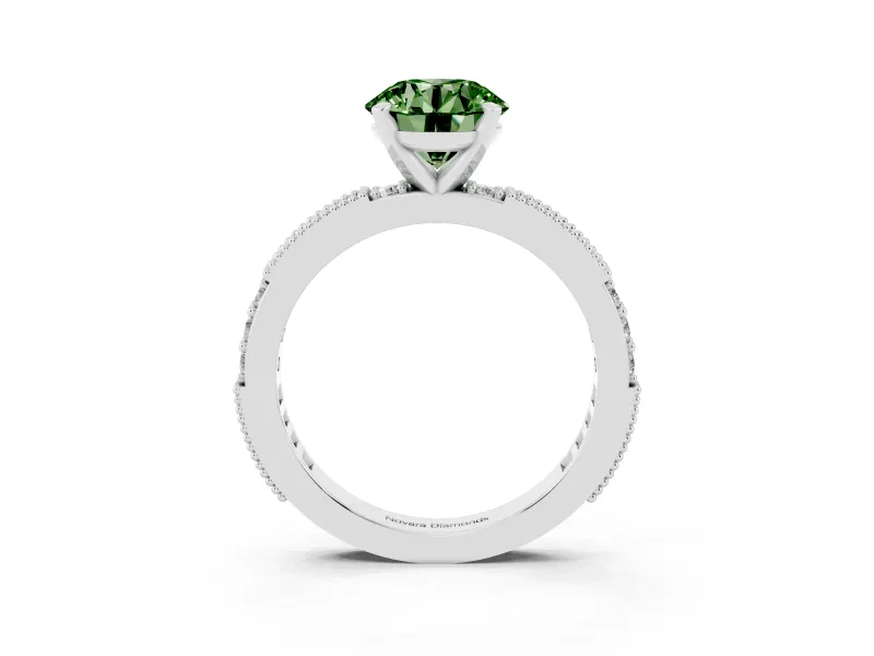 Fancy Green Round Cut Diamond Solitaire Ring Set in Platinum with Slim Pavé Band and Prong Setting
