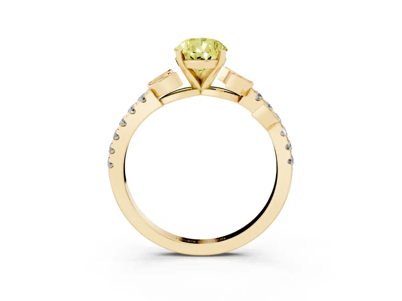 Fancy Yellow Pear Cut Diamond Solitaire Leaf-Inspired Ring Set in Yellow gold with Pavé Band and Prong Setting