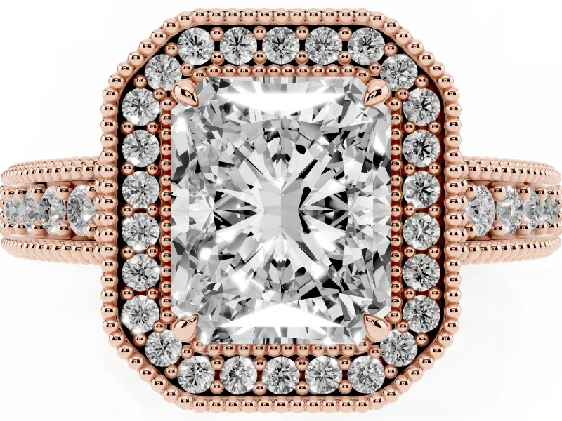 Radiant Cut Diamond Halo Ring Set in Rose gold with Round Accent Halo, Pavé Band and Prong Setting