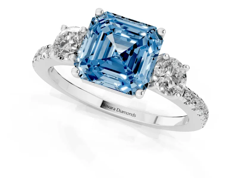 Asscher Cut Three Stone Engagement Ring Setting for a Fancy Blue Lab-Grown Diamond | Pave Shoulders | Sterling Silver