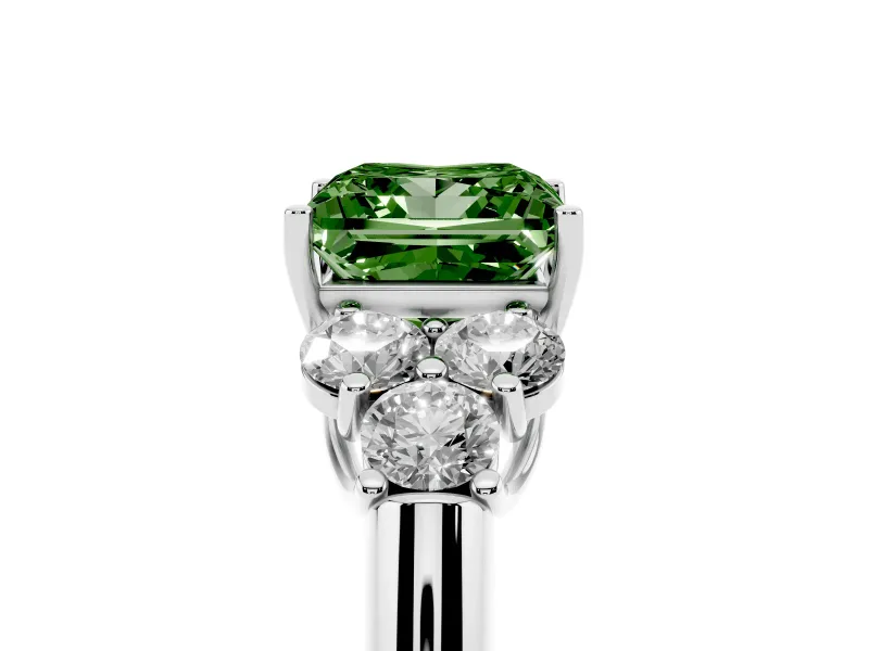 Fancy Green Princess Cut Diamond Cluster Ring Set in White gold with Round Accent Stones and Prong Setting on a Plain Band