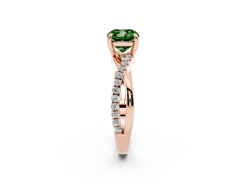 Fancy Green Cushion Cut Diamond Twist Band Solitaire Set in Rose gold with Pavé Accents and Prong Setting