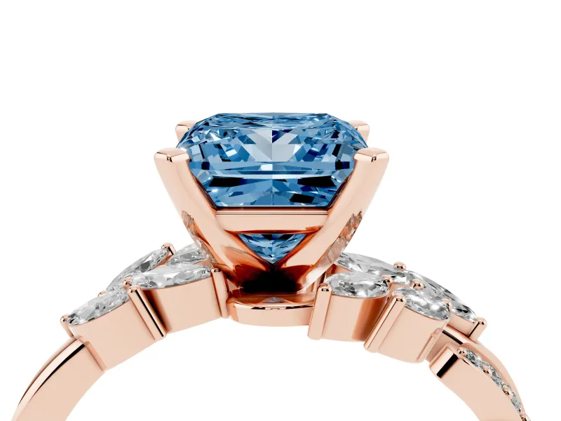 Princess Cut Floral Engagement Ring Setting for a Fancy Blue Lab-Grown Diamond | Marquise Side Stones | Rose Gold