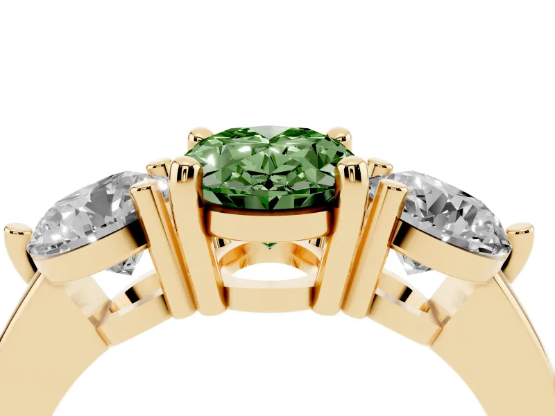 Fancy Green Oval Cut Diamond Three-Stone Ring Set in Yellow gold with Prong Setting and Classic Band