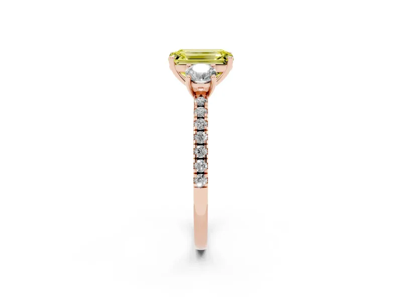 Emerald Cut Three Stone Engagement Ring Setting for a Fancy Yellow Lab-Grown Diamond | Pave Shoulders | Rose Gold