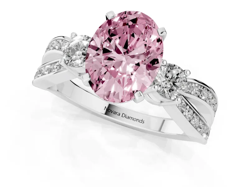 Fancy Pink Three-Stone Oval Cut Diamond Twist Band Ring Set in Silver with Pavé Accents and Prong Setting