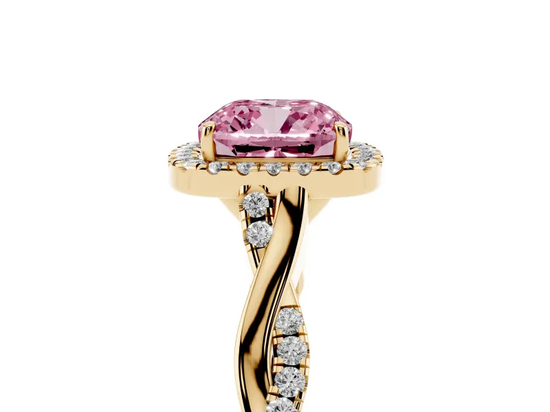Cushion Cut Twist Halo Engagement Ring Setting for a Fancy Pink Lab-Grown Diamond | Yellow Gold