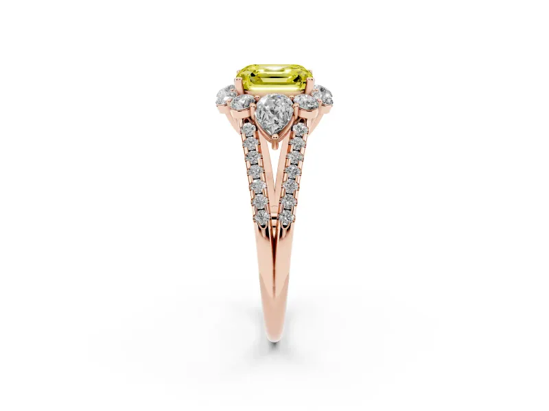 Asscher Cut Scalloped Halo Engagement Ring Setting for a Fancy Yellow Lab-Grown Diamond | Pear Side Stones | Rose Gold