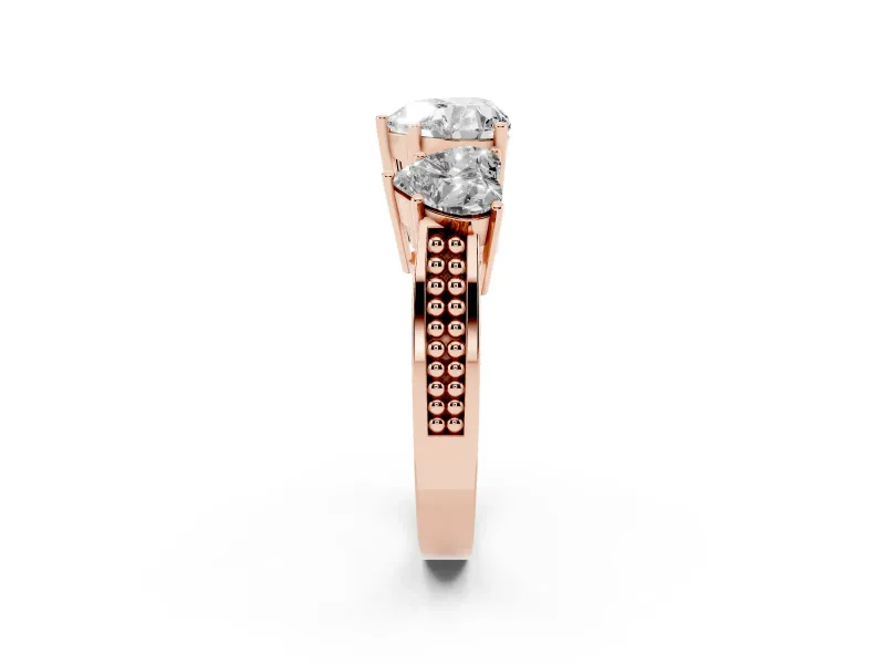 Heart-Shaped Three Stone Engagement Ring Setting | Beaded Shoulders | Rose Gold