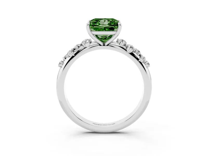 Fancy Green Princess Cut Diamond Cluster Solitaire Ring Set in White gold with Prong Setting