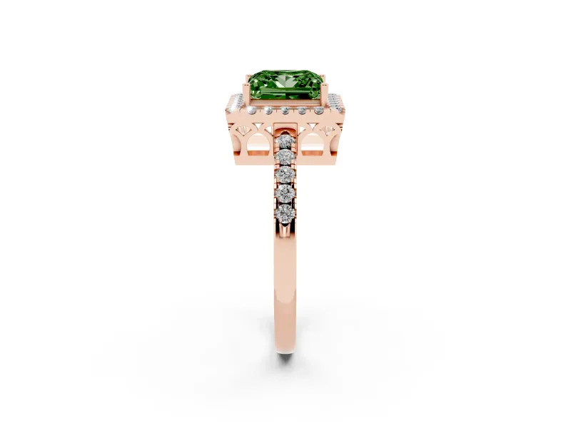 Fancy Green Princess Cut Diamond Pavé Band Halo Engagement Ring Set in Rose gold with Prong Setting