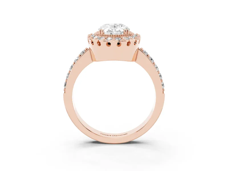 Oval Cut Diamond Halo Ring Set in Rose gold with Pavé Shank and Prong Setting