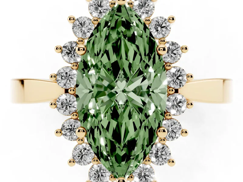 Fancy Green Marquise Cut Diamond Halo Ring Set in Yellow gold with Round Halo and Smooth Solitaire Band