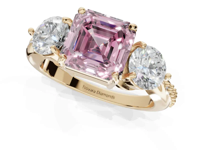 Asscher Cut Three Stone Engagement Ring Setting for a Fancy Pink Lab-Grown Diamond | Tapered Pave Band | Yellow Gold