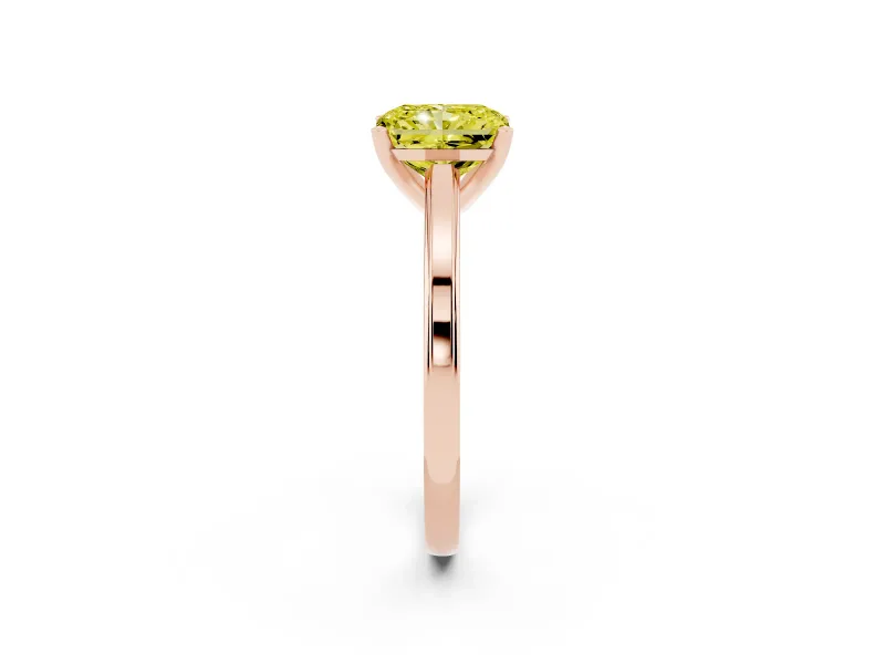 Fancy Yellow Radiant Cut Diamond Solitaire Ring Set in Rose gold with Prong Setting and Classic Band
