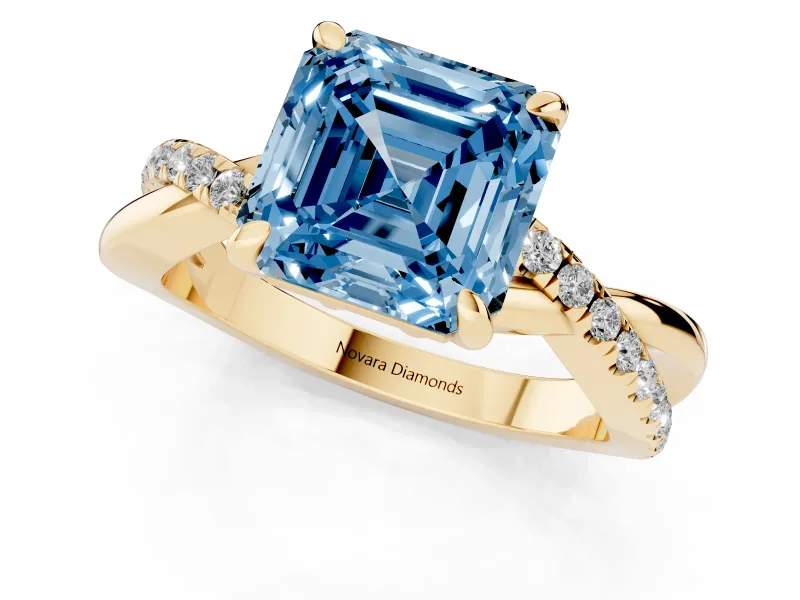 Fancy Blue Asscher Cut Diamond Twist Band Solitaire Set in Yellow gold with Pavé Accents and Prong Setting