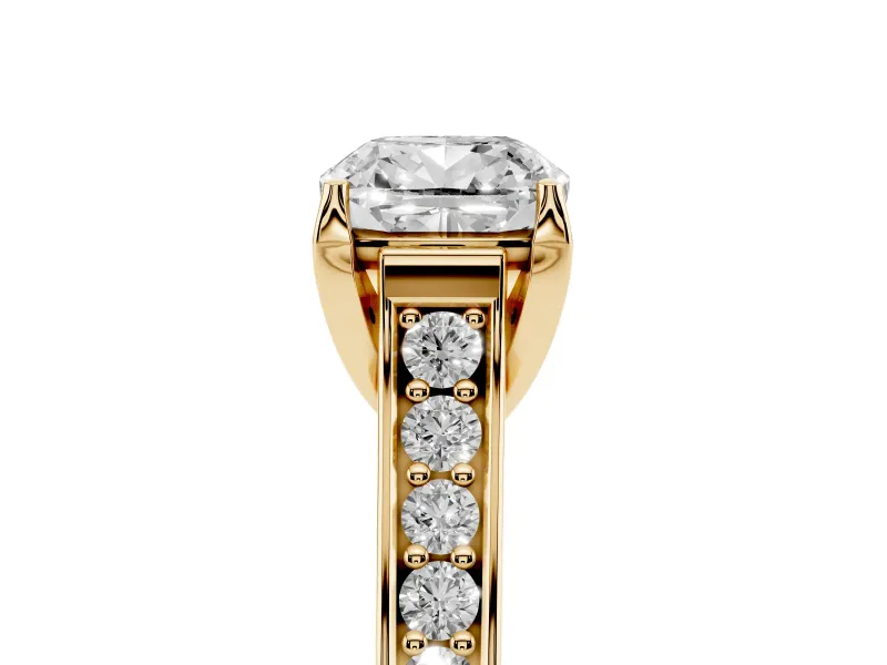 Cushion Cut Graduated Pavé Solitaire Engagement Ring Setting | Wide Pavé Row Band | Yellow Gold