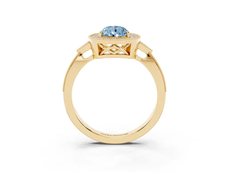 Pear-Shaped Milgrain Halo Engagement Ring Setting for a Fancy Blue Lab-Grown Diamond | Graduated Pavé | Yellow Gold