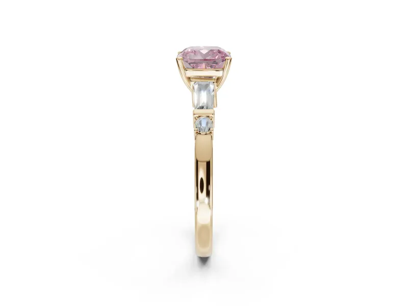 Cushion Cut Tapered Baguette Engagement Ring Setting for a Fancy Pink Lab-Grown Diamond | Bar Set Sides | Yellow Gold