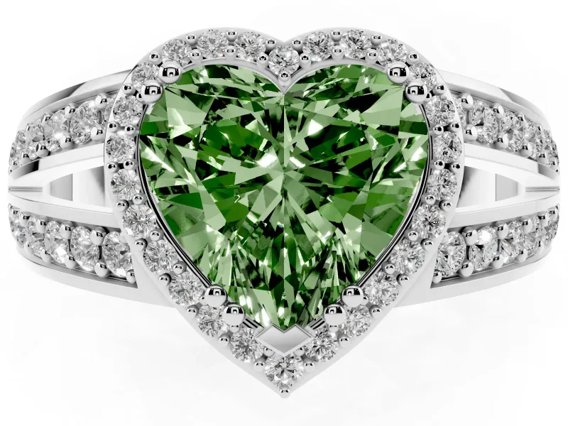 Heart-Shaped Halo Engagement Ring Setting for a Fancy Green Lab-Grown Diamond | Two-Row Pave Split Shank | White Gold