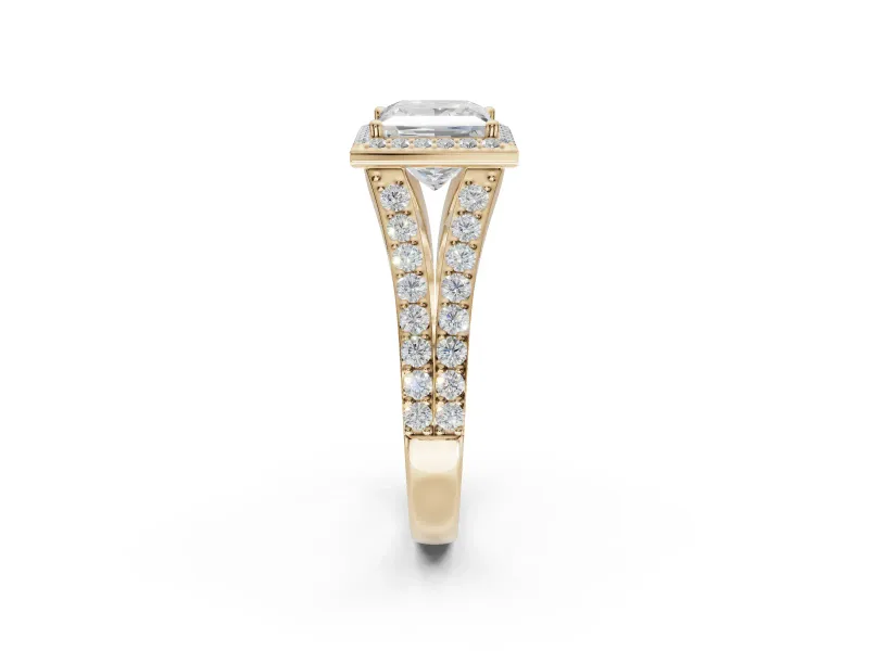 Princess Cut Halo Pavé Engagement Ring Setting | Narrow Split Shank | Yellow Gold