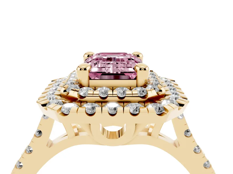 Emerald Cut Double Halo Engagement Ring Setting for a Fancy Pink Lab-Grown Diamond | Pave Shoulders | Yellow Gold