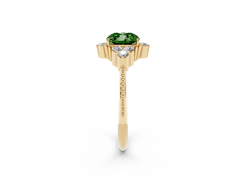 Cushion Cut Cluster Engagement Ring Setting for a Fancy Green Lab-Grown Diamond | Yellow Gold