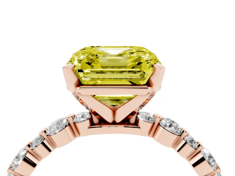 Fancy Yellow Asscher Cut Diamond Prong Set Engagement Ring Set in Rose gold with Round Accent Pavé Band