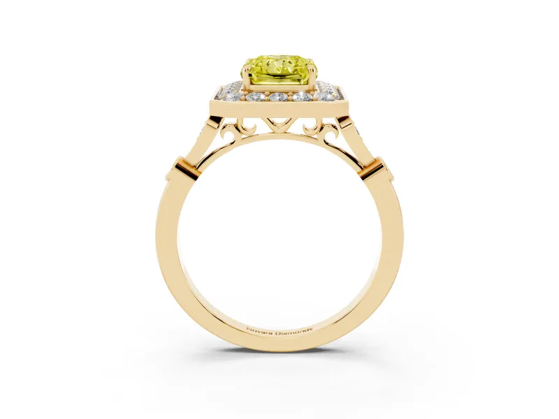 Radiant Cut Halo Engagement Ring Setting for a Fancy Yellow Lab-Grown Diamond | Bezel Station Shoulders | Yellow Gold