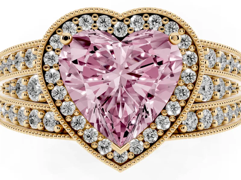 Heart-Shaped Milgrain Halo Engagement Ring Setting for a Fancy Pink Lab-Grown Diamond | Split Shank | Yellow Gold